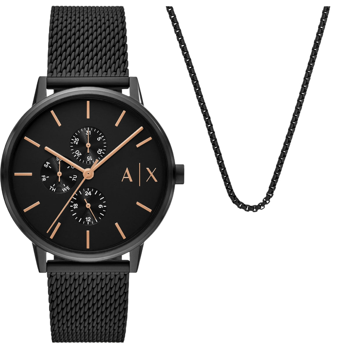 Black dial chronograph quartz watch with black mesh bracelet, visible crown