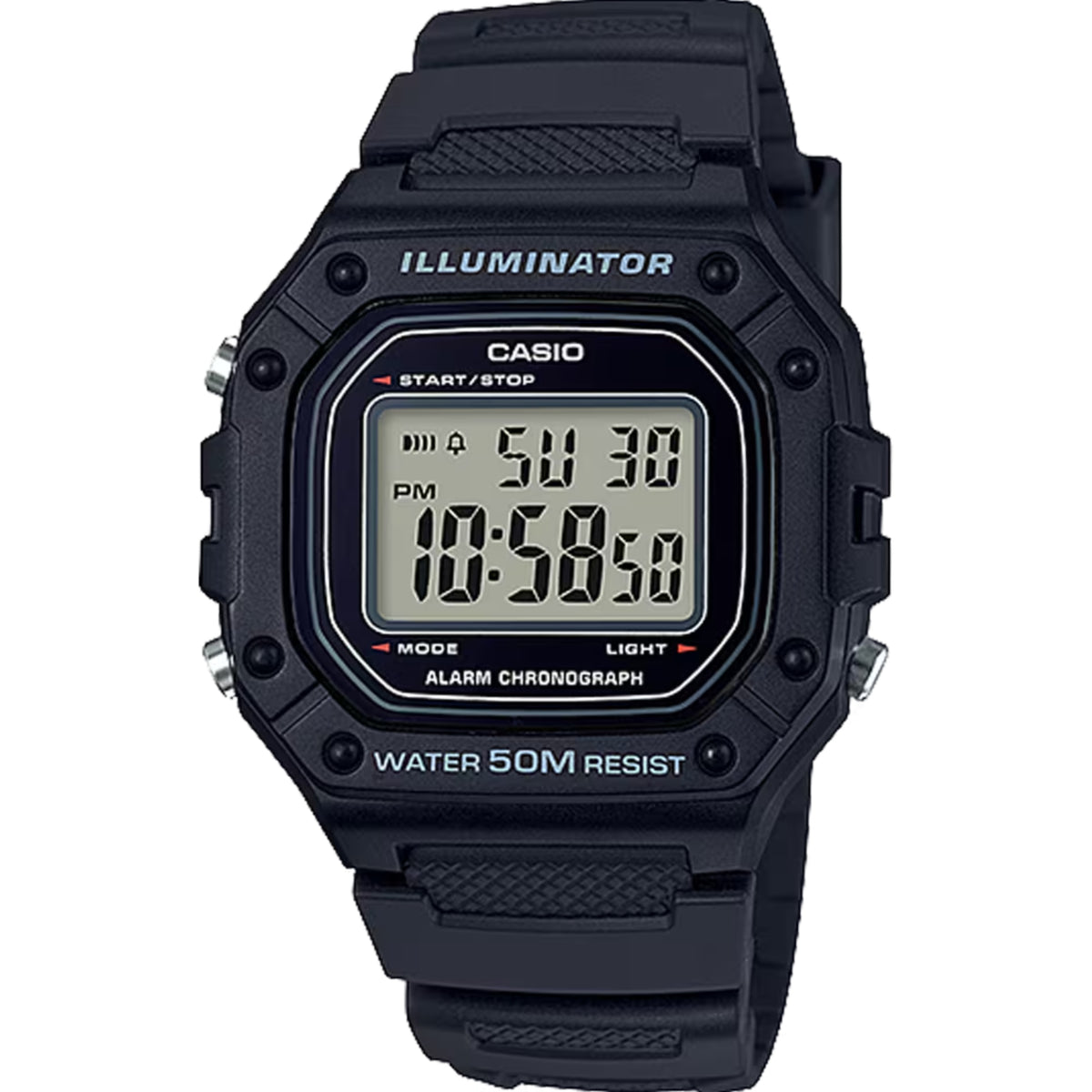 Black Casio digital resin men's wristwatch with Illuminator and Water 50M resist
