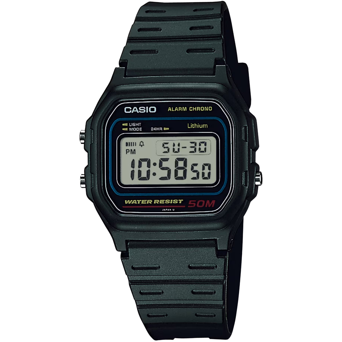 Casio Timeless W-59-1VQES front view showing digital screen display and resin case layout