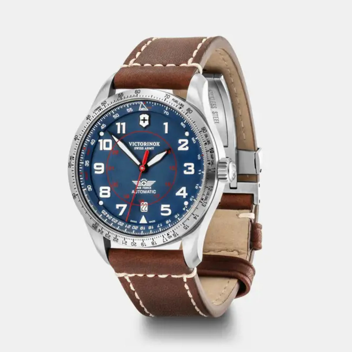 Victorinox automatic wristwatch: blue dial, brown leather strap, stainless case