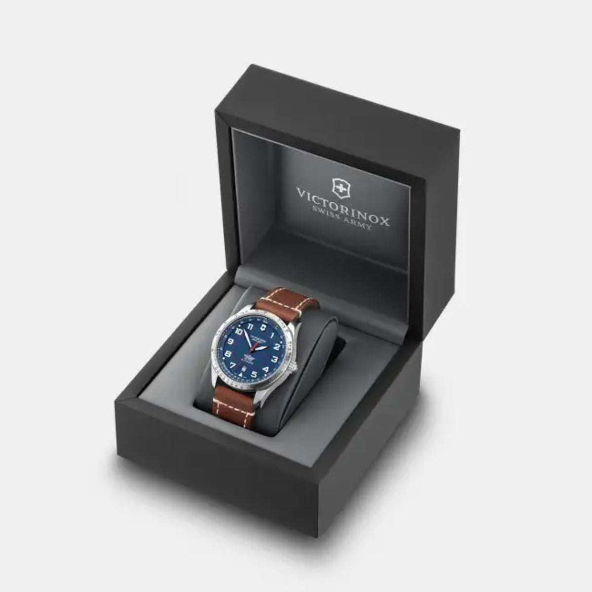 Victorinox automatic wristwatch in gift box, blue dial and brown leather strap