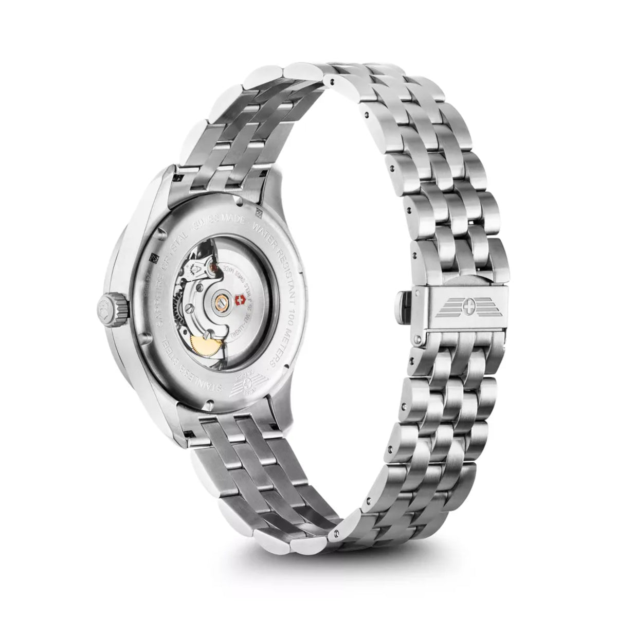 Men's automatic watch case back with exposed movement, stainless link bracelet