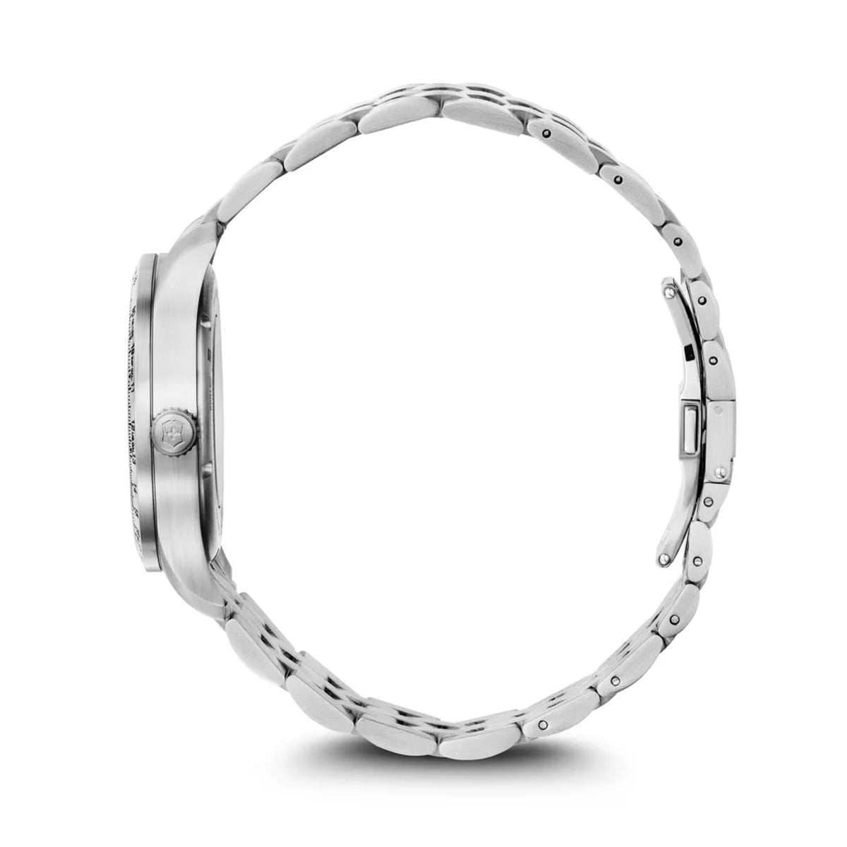 Men's stainless automatic watch side view with polished case and link bracelet