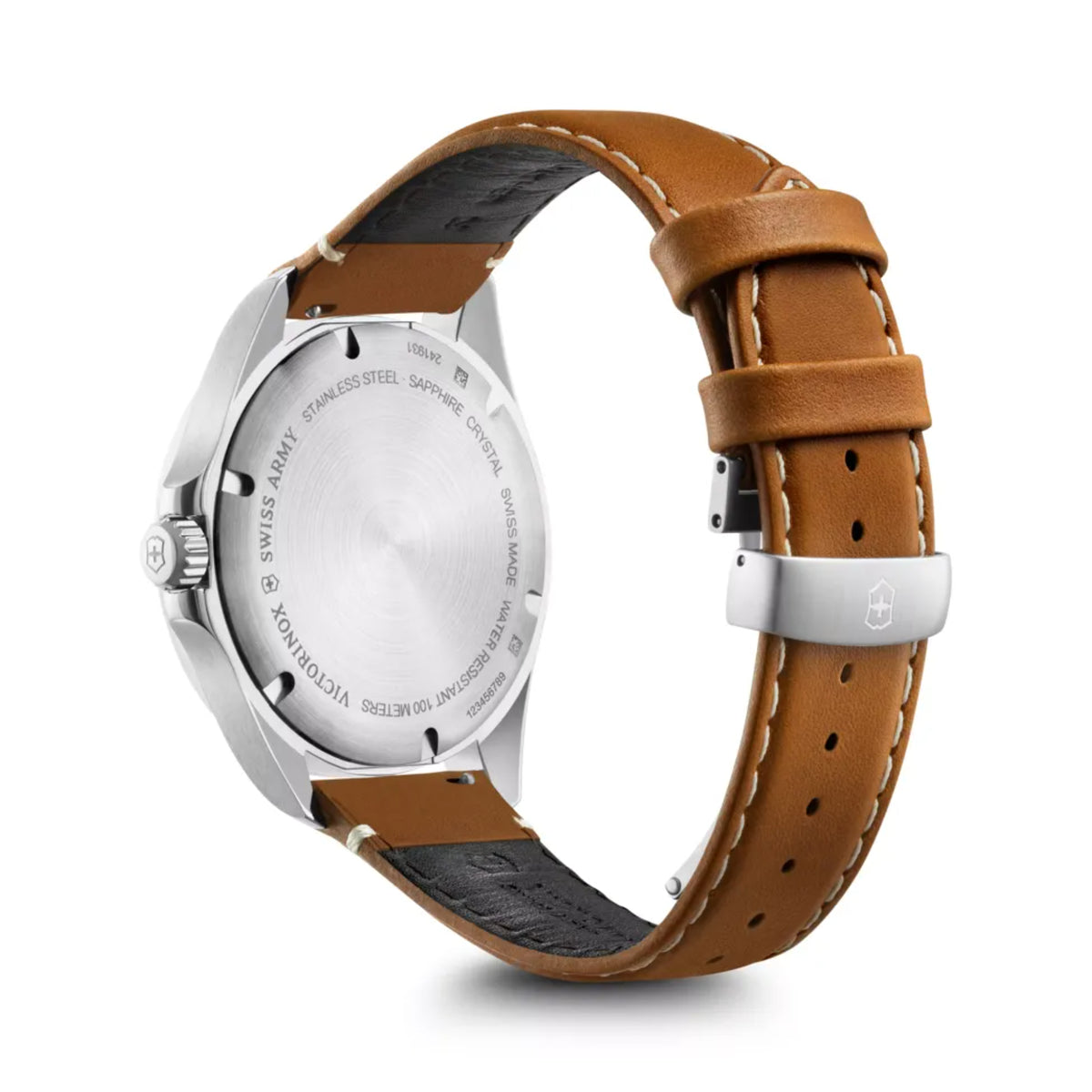 Brown leather watch strap with silver buckle, perforated strap holes, case back visible