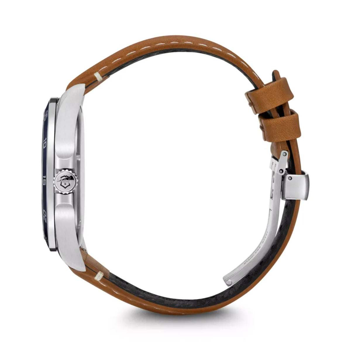 Silver-cased quartz wristwatch with brown leather strap, side profile view