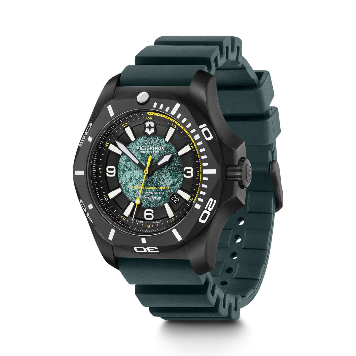 Men's black dive watch with green dial detail and dark teal rubber strap side view