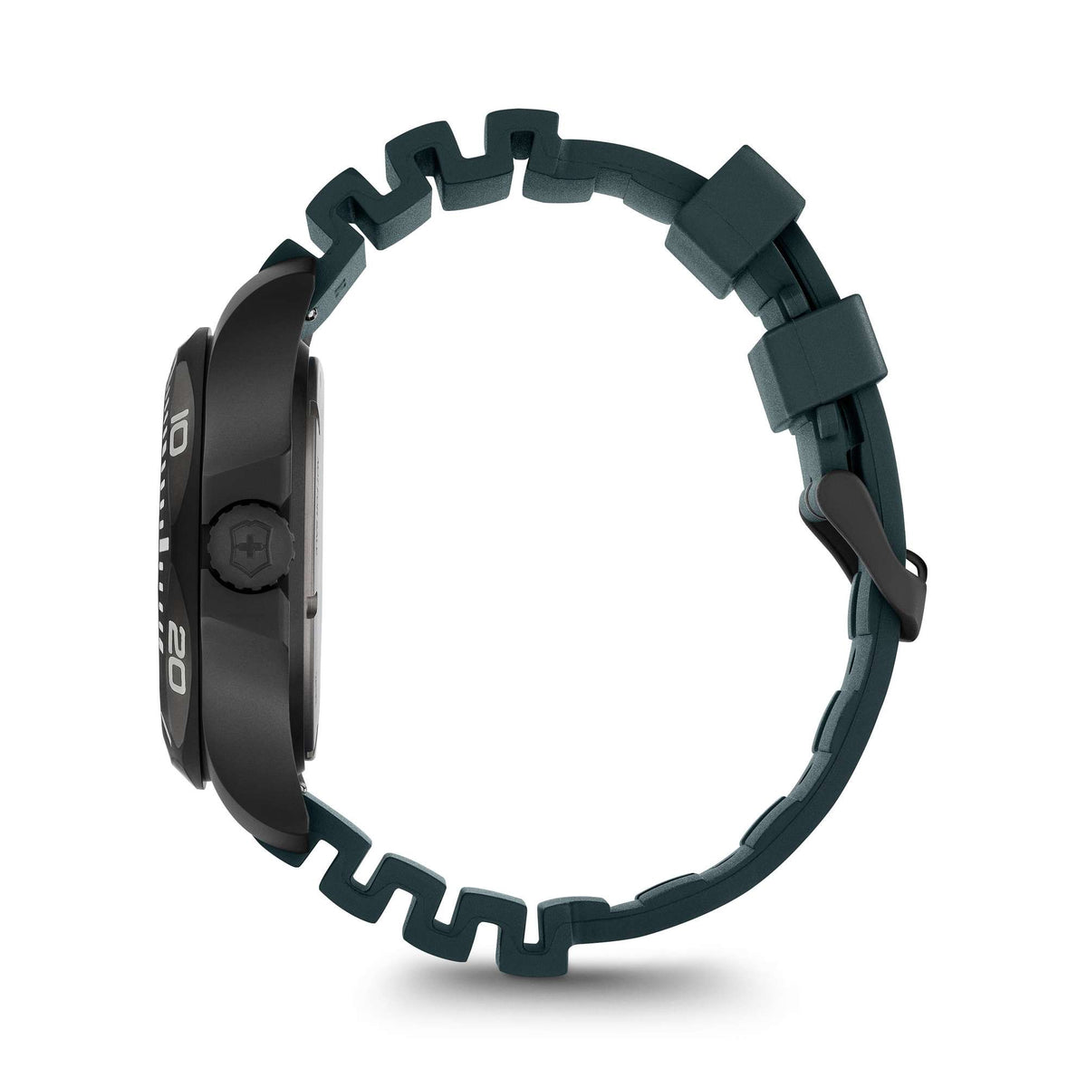 Men's dive watch with dark teal rubber strap and ridged black bezel case