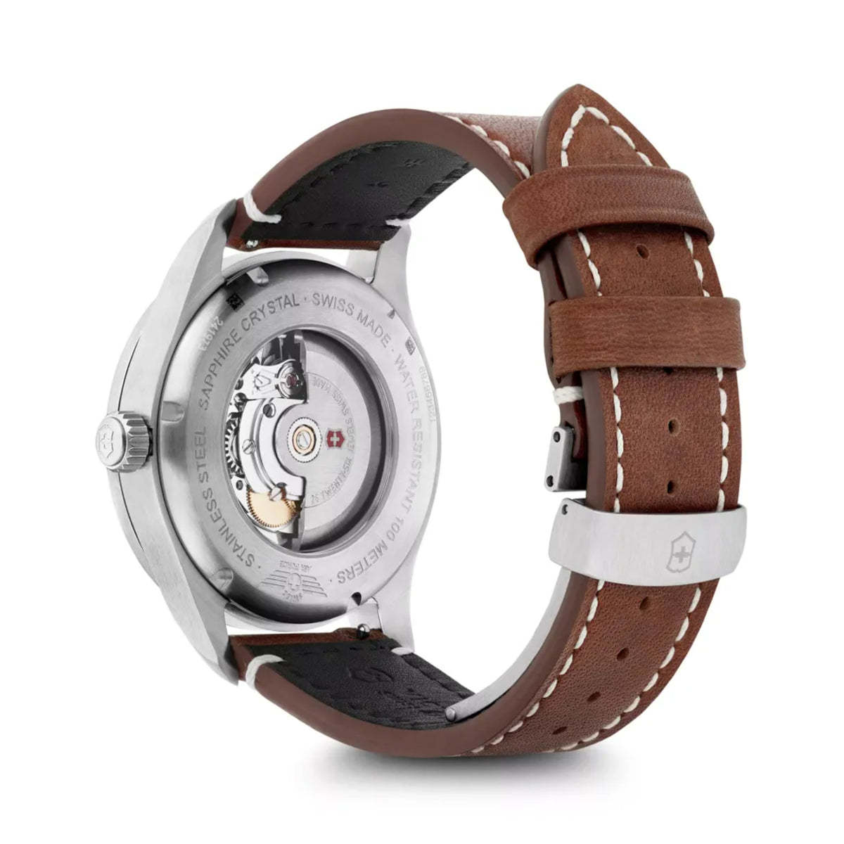 Automatic watch reverse view with brown leather strap and stainless steel caseback.
