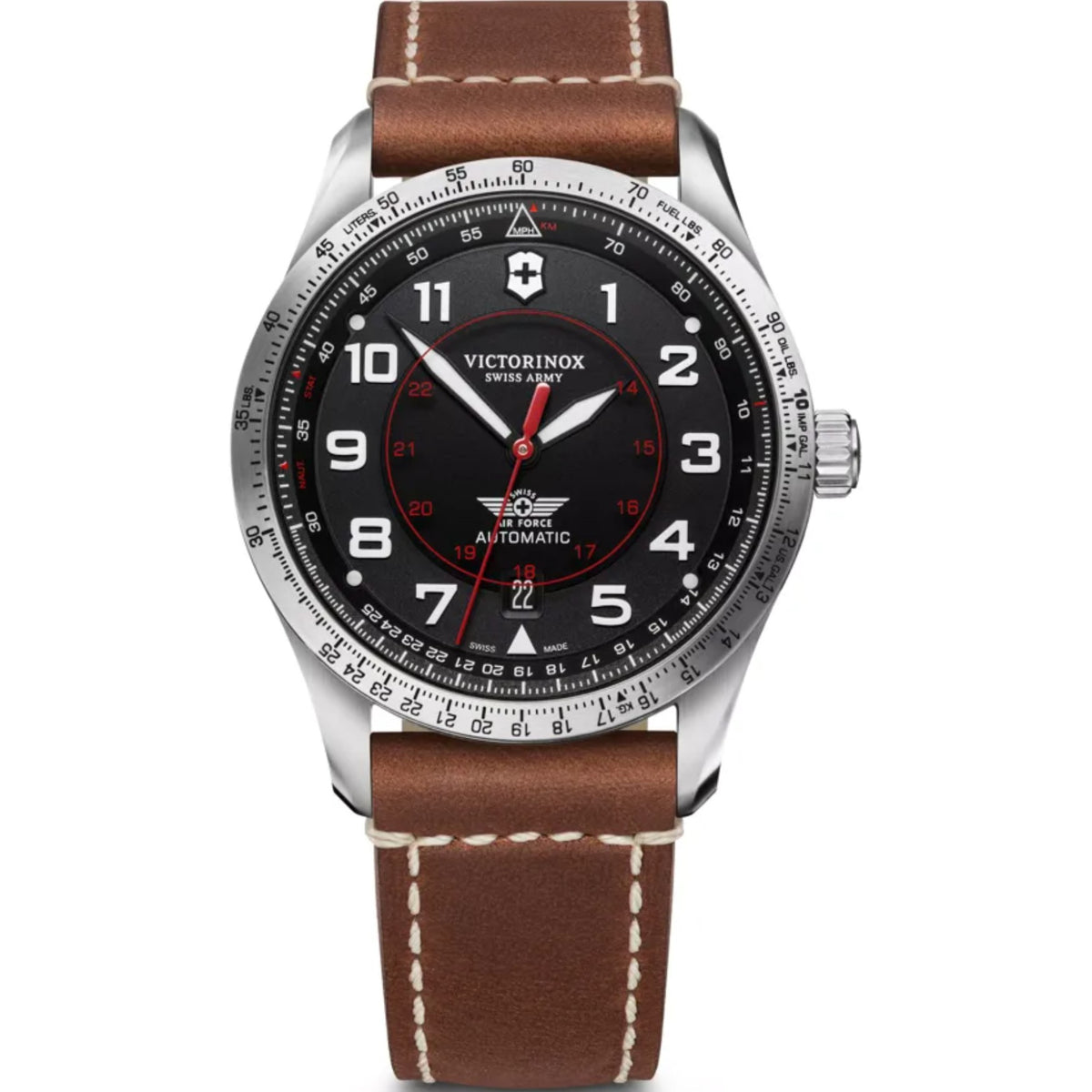 Men’s automatic wristwatch with black dial, brown leather strap, stainless steel case.