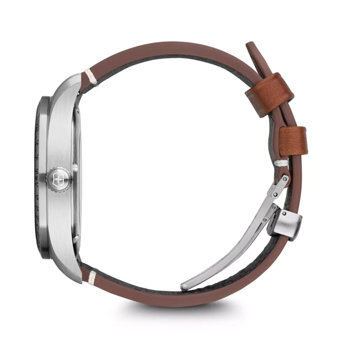 Stainless steel side view of men’s automatic watch with brown leather strap.