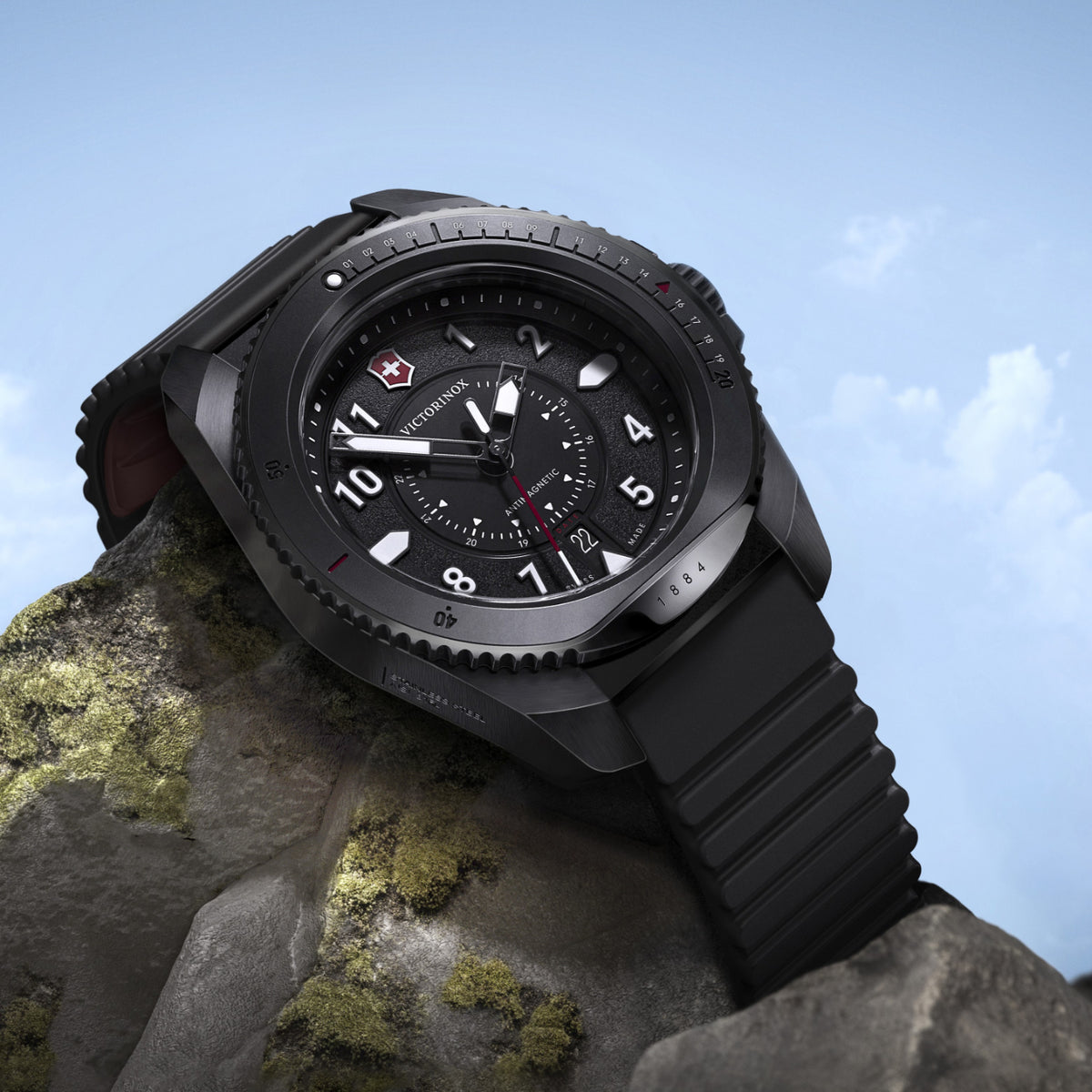 Victorinox all-black tactical field watch with anti-magnetic protection and durable black rubber strap