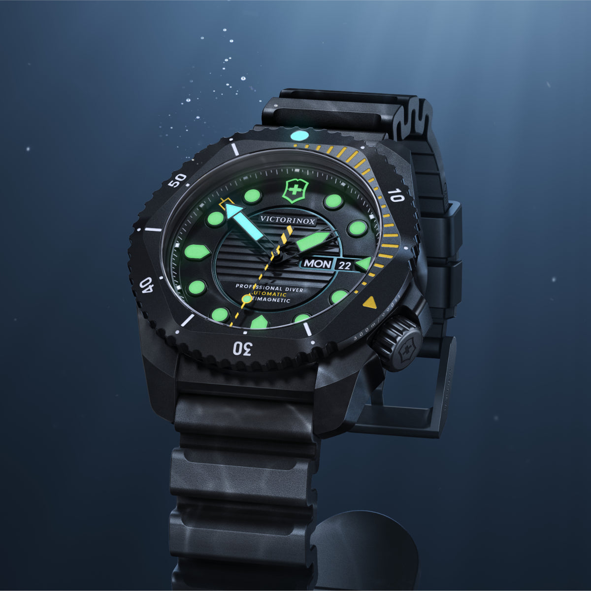 Close-up shot of Victorinox Professional Diver Automatic watch featuring Super-LumiNova markers and rotating bezel