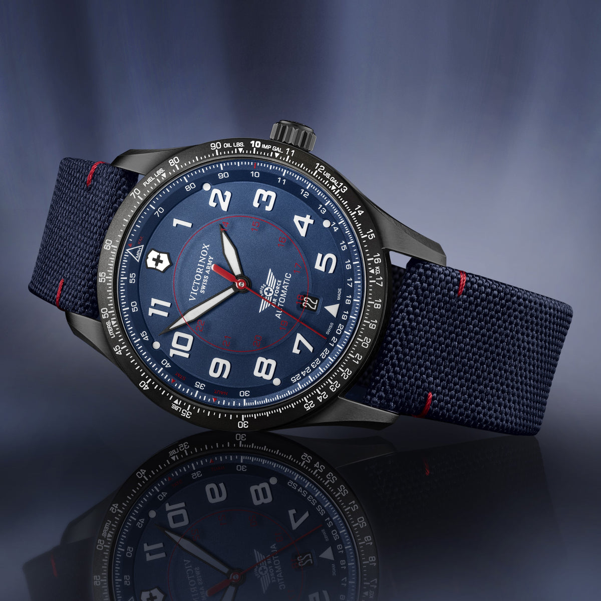 Victorinox Swiss Air Force Automatic watch with dark blue dial and blue woven fabric strap