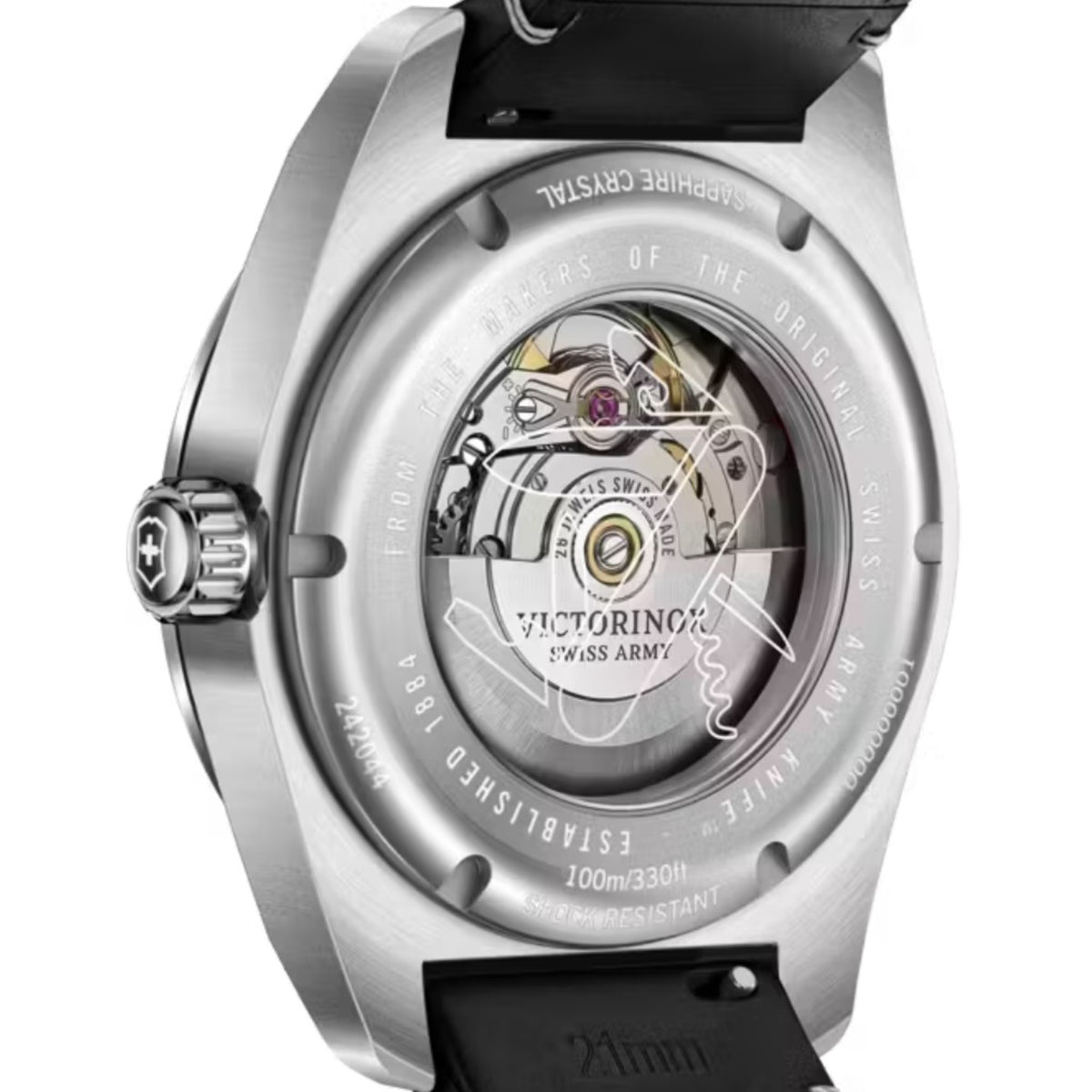 Victorinox Swiss Army automatic watch caseback close-up with visible Swiss movement