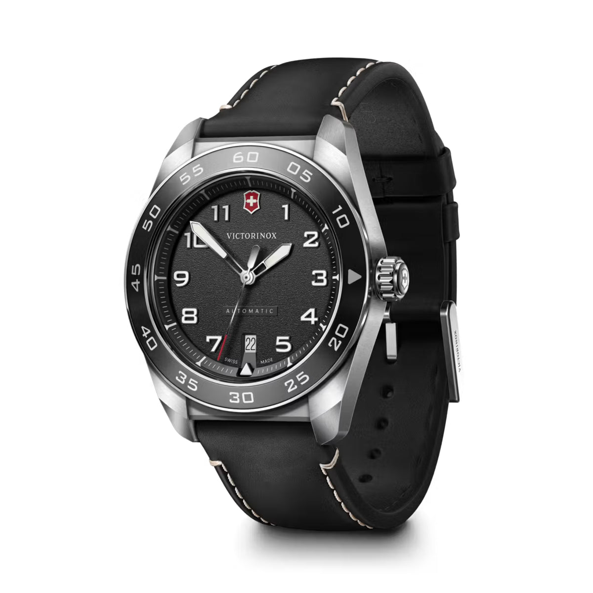 Victorinox Swiss Army automatic watch on black leather strap, black dial, silver bezel and crown