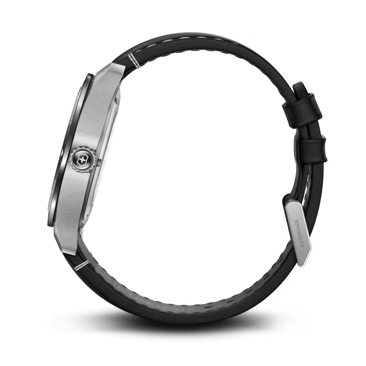 Victorinox Swiss Army watch strap view with black leather band and black buckle