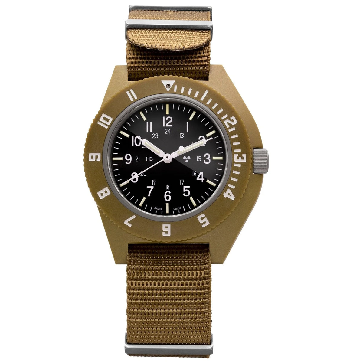 Front view of Marathon Navigator WW194001DT-0802 black dial quartz watch with composite fibreshell case