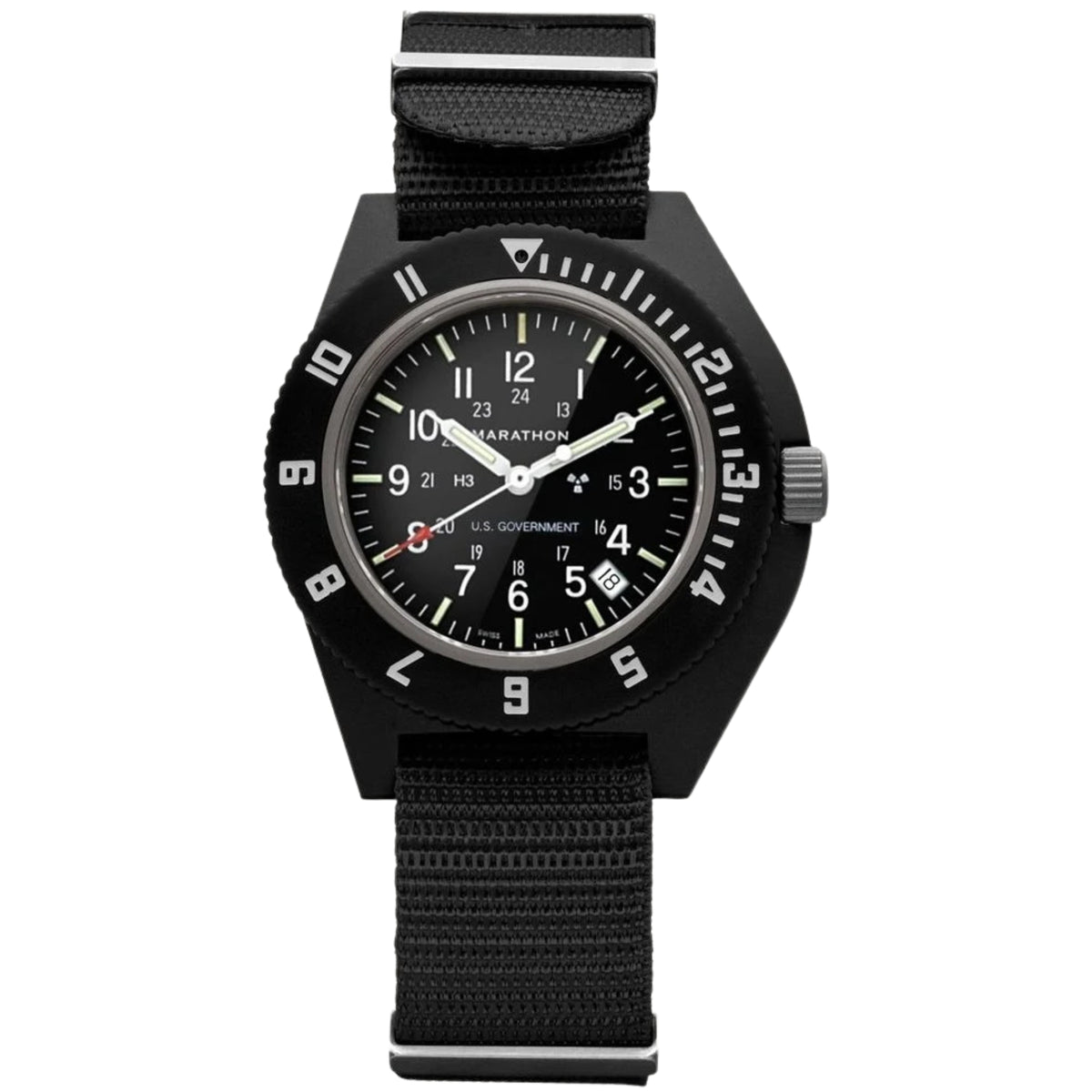 Marathon Navigator U.S. Government WW194013BK-0001 quartz watch showing black dial and matching strap on plain background