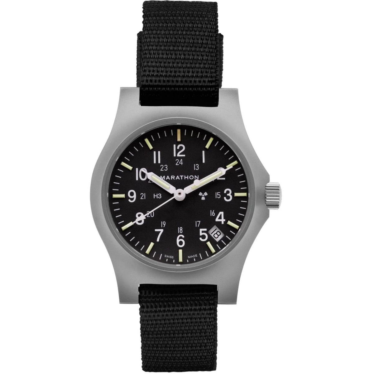 Men's black-dial quartz date officer watch with silver case and black fabric strap.