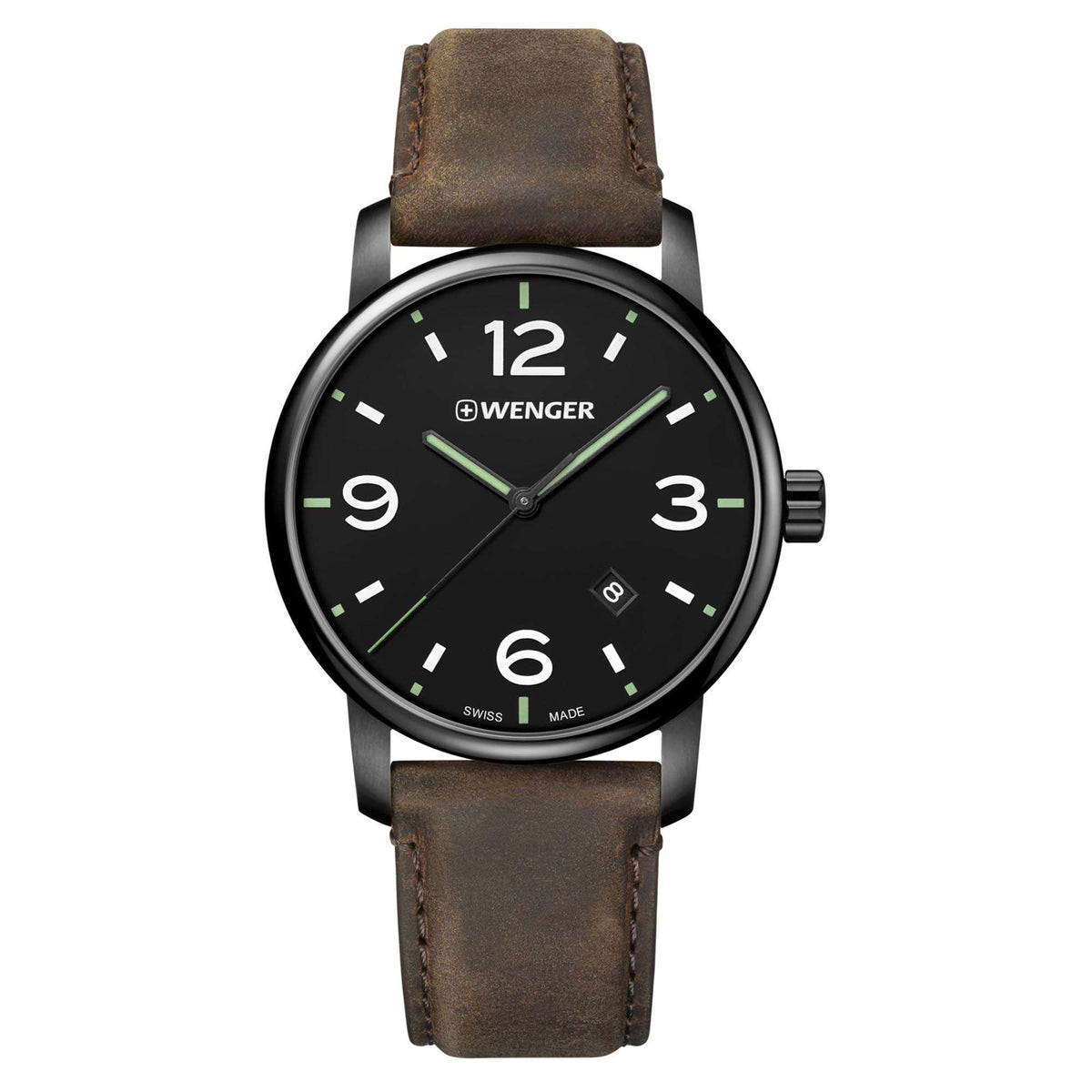 Round men’s quartz watch with black dial, green accents, brown leather strap, silver case