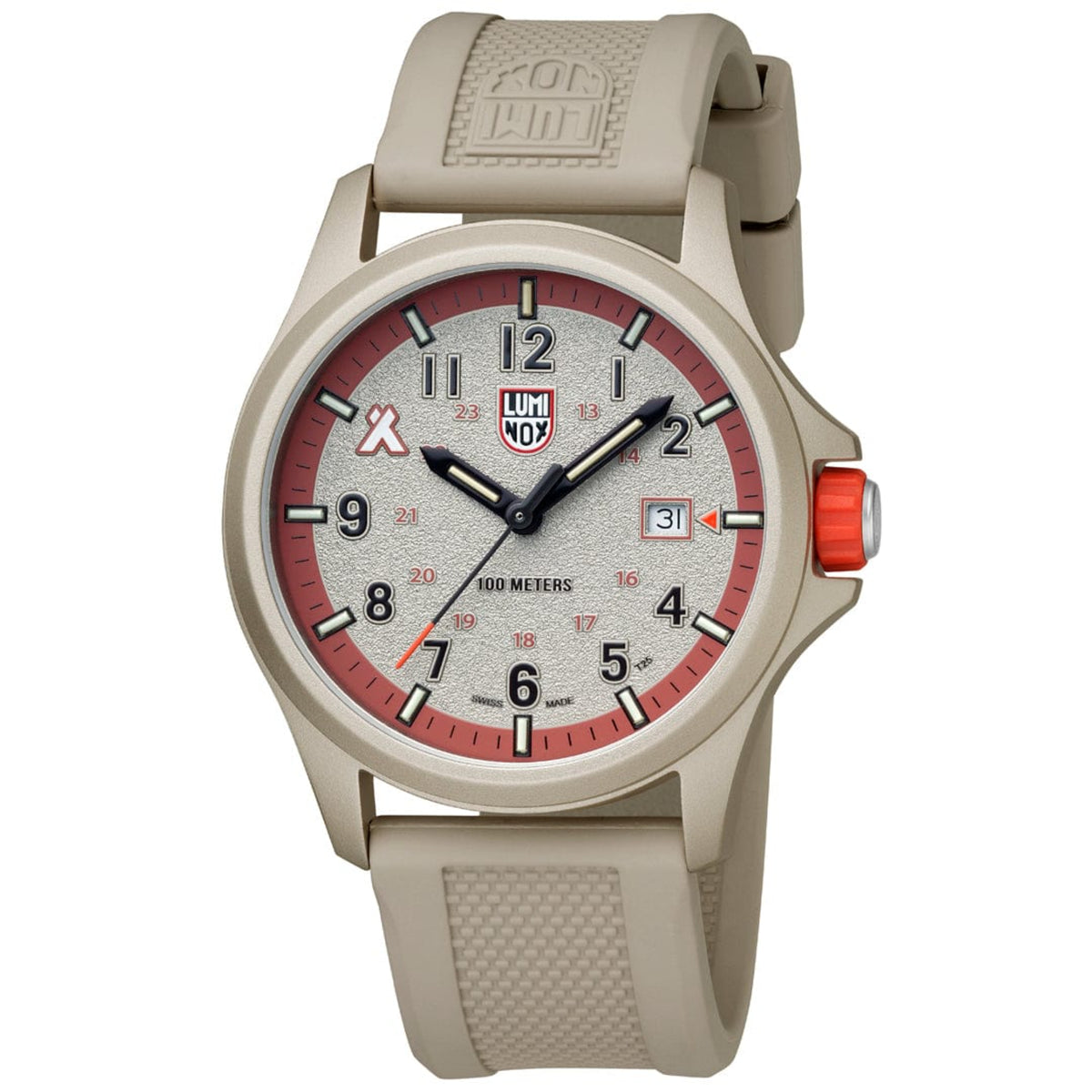 Full front shot of the Luminox Bear Grylls Survival XB.3717 showing its beige case, textured face, red outer accent ring, and crown