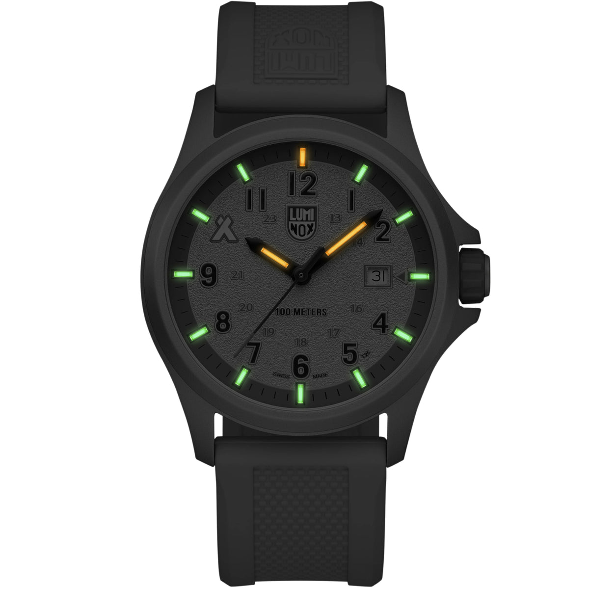 Full front view of the all-black Luminox Bear Grylls Survival XB.3717 watch featuring illuminated green and orange tritium night tubes on the dial