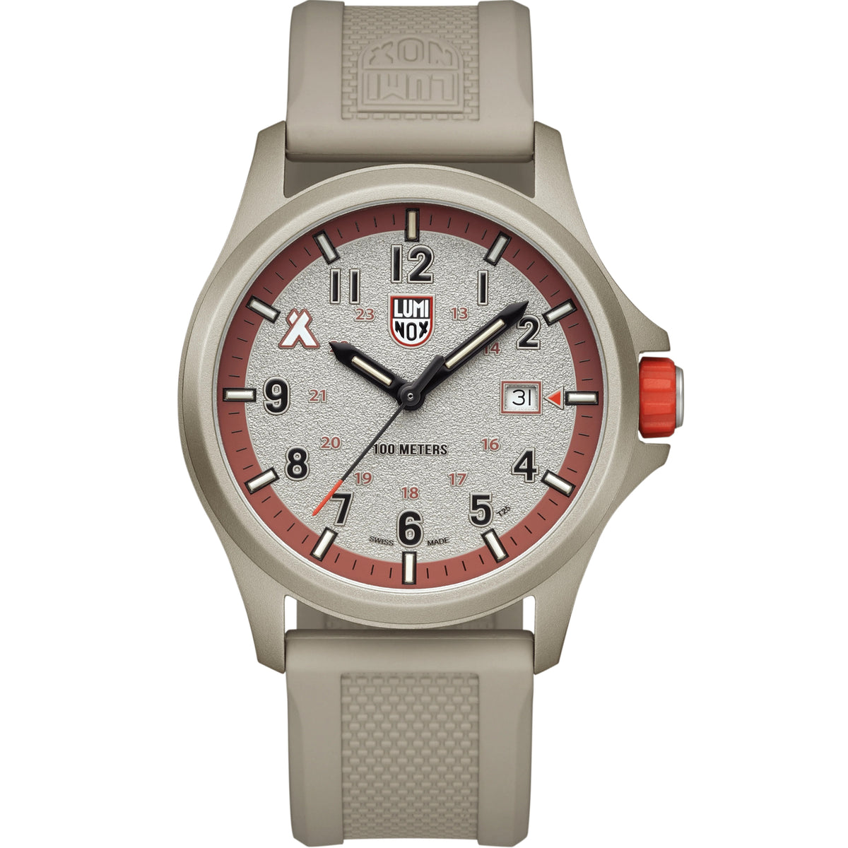 Frontal view of Luminox Bear Grylls Survival XB.3717 featuring a textured brown dial, red outer ring, and matching rubber strap