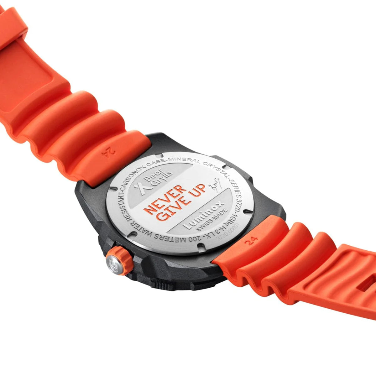 Men's quartz watch back case with orange rubber strap and engraved back plate