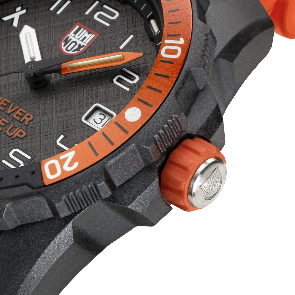 Men's quartz watch close-up with black dial, orange accents, and rubber strap