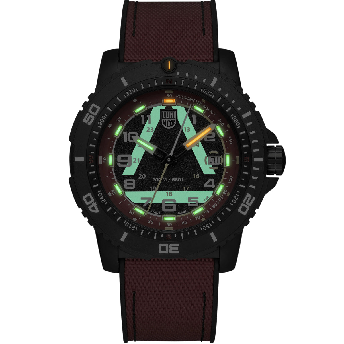 Front view of the Luminox ICE-SAR watch face glowing in the dark with green and orange luminescent indicators