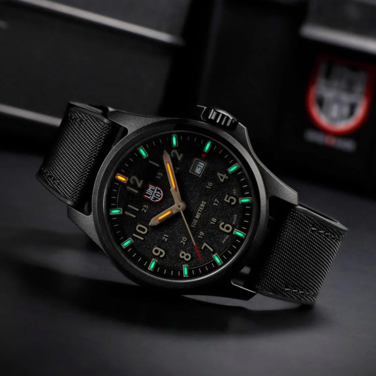 Luminox Atacama field watch, black dial, black rubber strap, orange and green markers