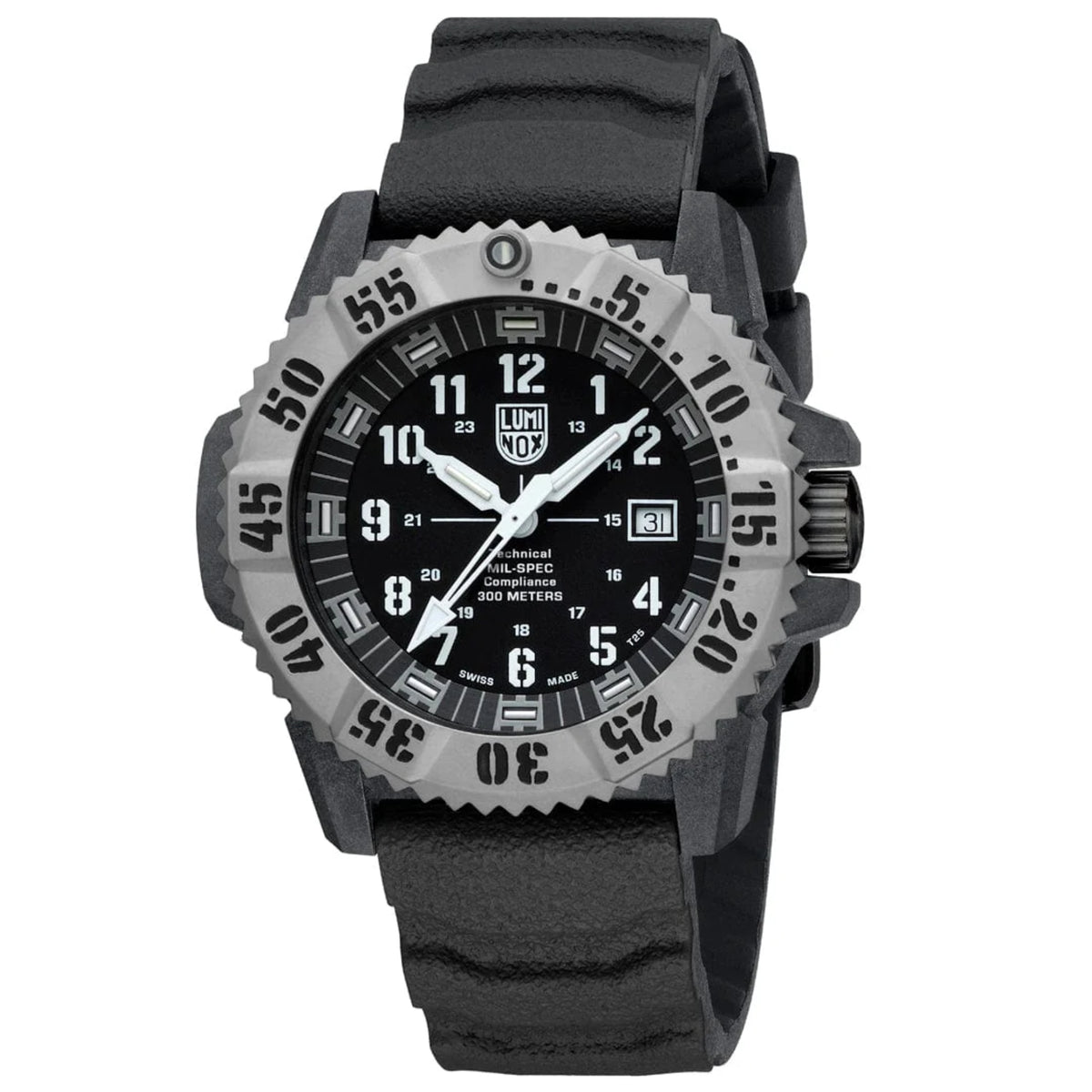 Black rubber watch with bright silver case and black dial, large numerals