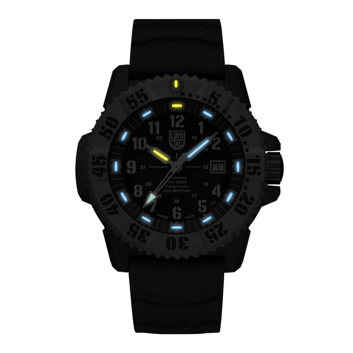 Black dial watch with glowing lume markers, black rubber strap, and steel bezel
