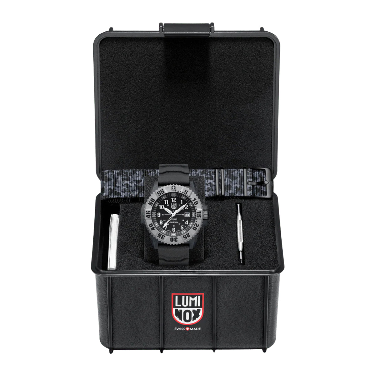 Luminox men's quartz wristwatch with black rubber strap, black dial, in black storage case
