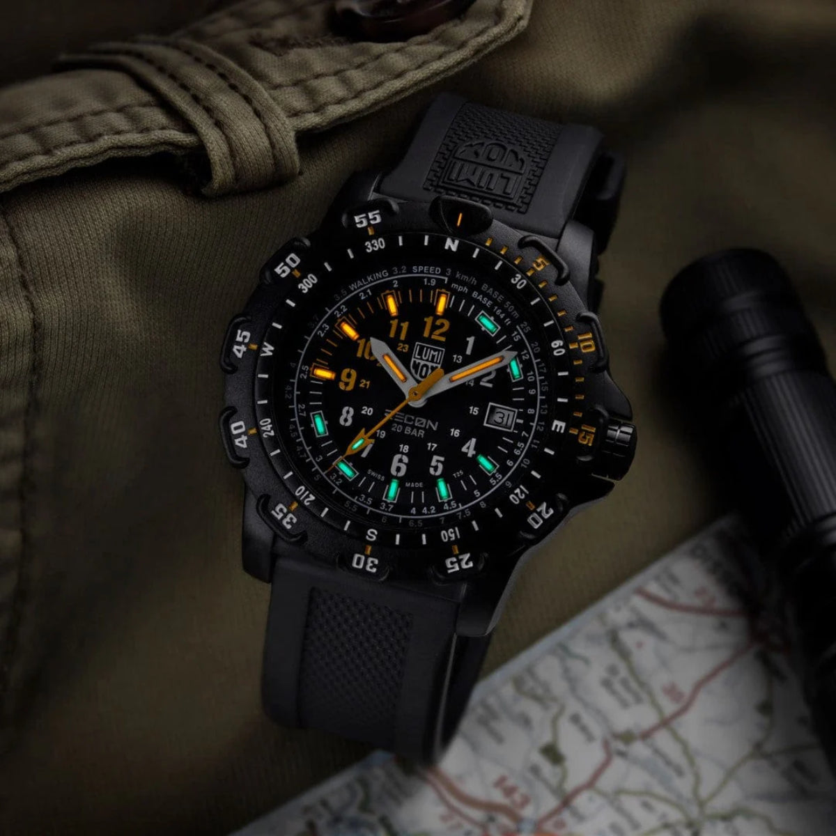 Luminox Recon quartz watch with black dial and black strap worn on the wrist