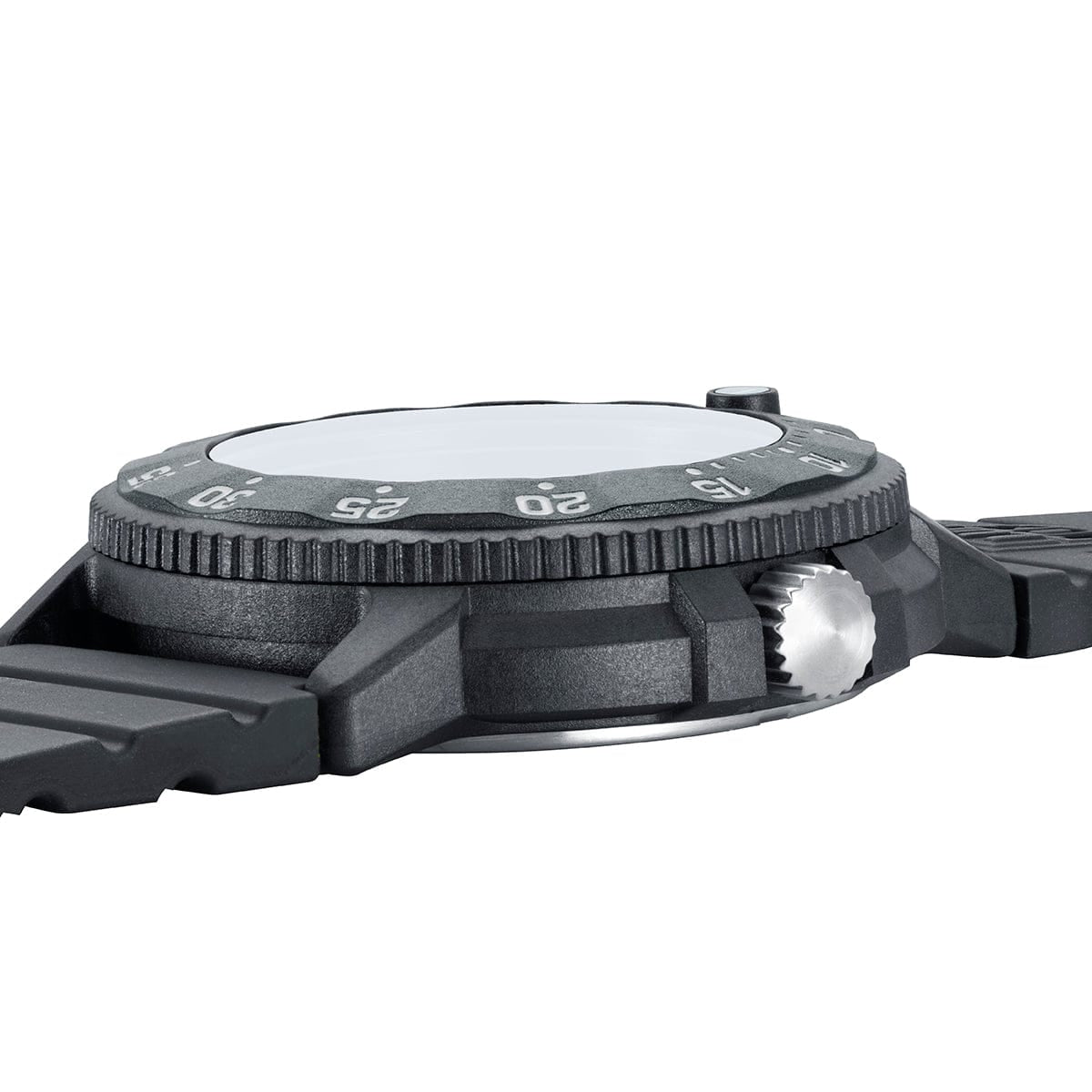 Luminox rubber quartz watch with rugged black bezel and crown detail
