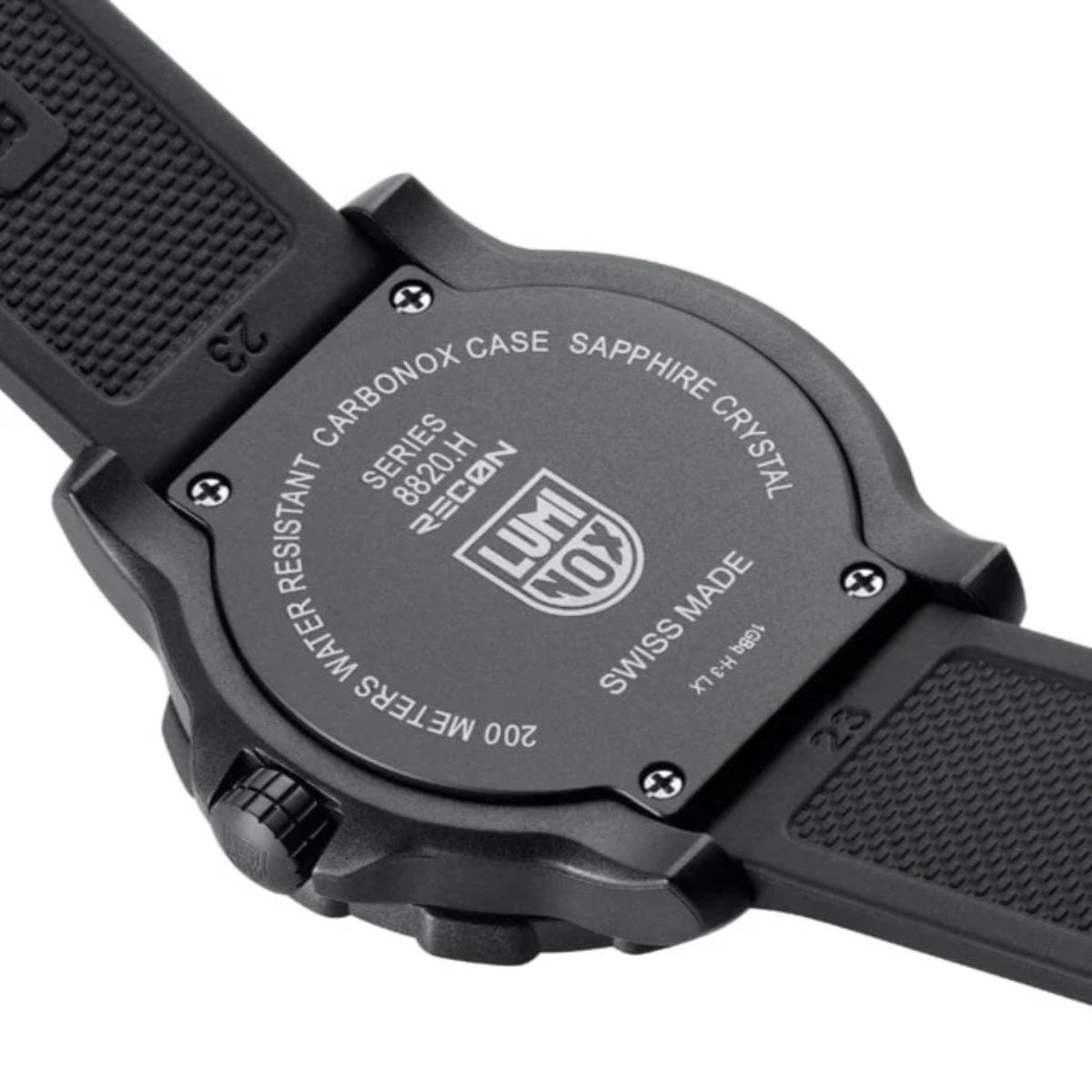 Luminox Recon caseback with “Carbonox” text and engraved model markings, close-up