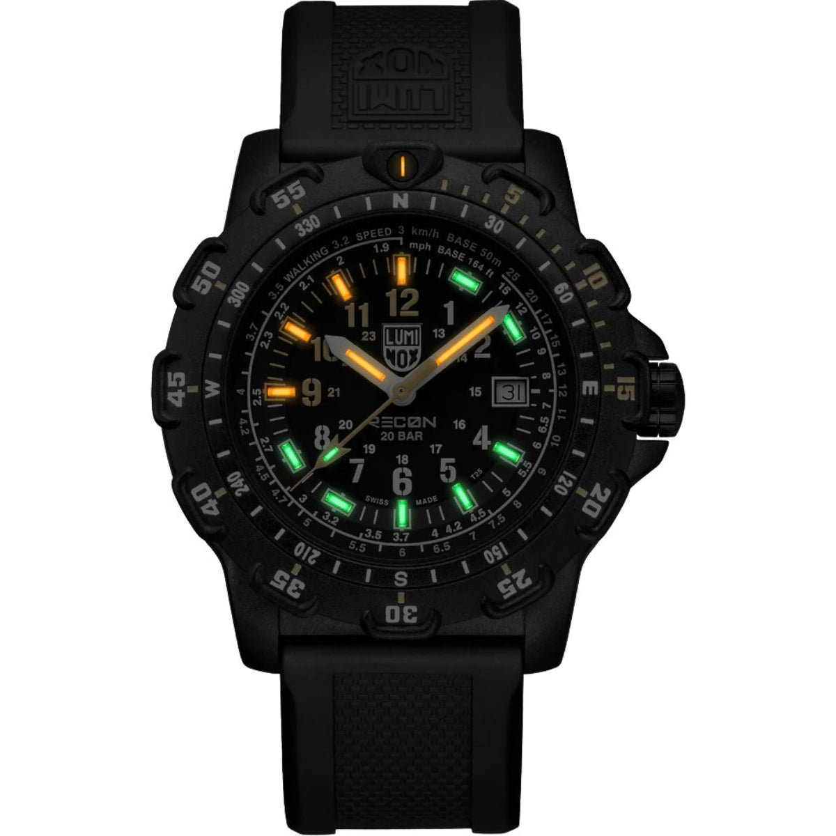 Luminox Recon 45mm quartz watch front view with black dial, orange and green lume marks