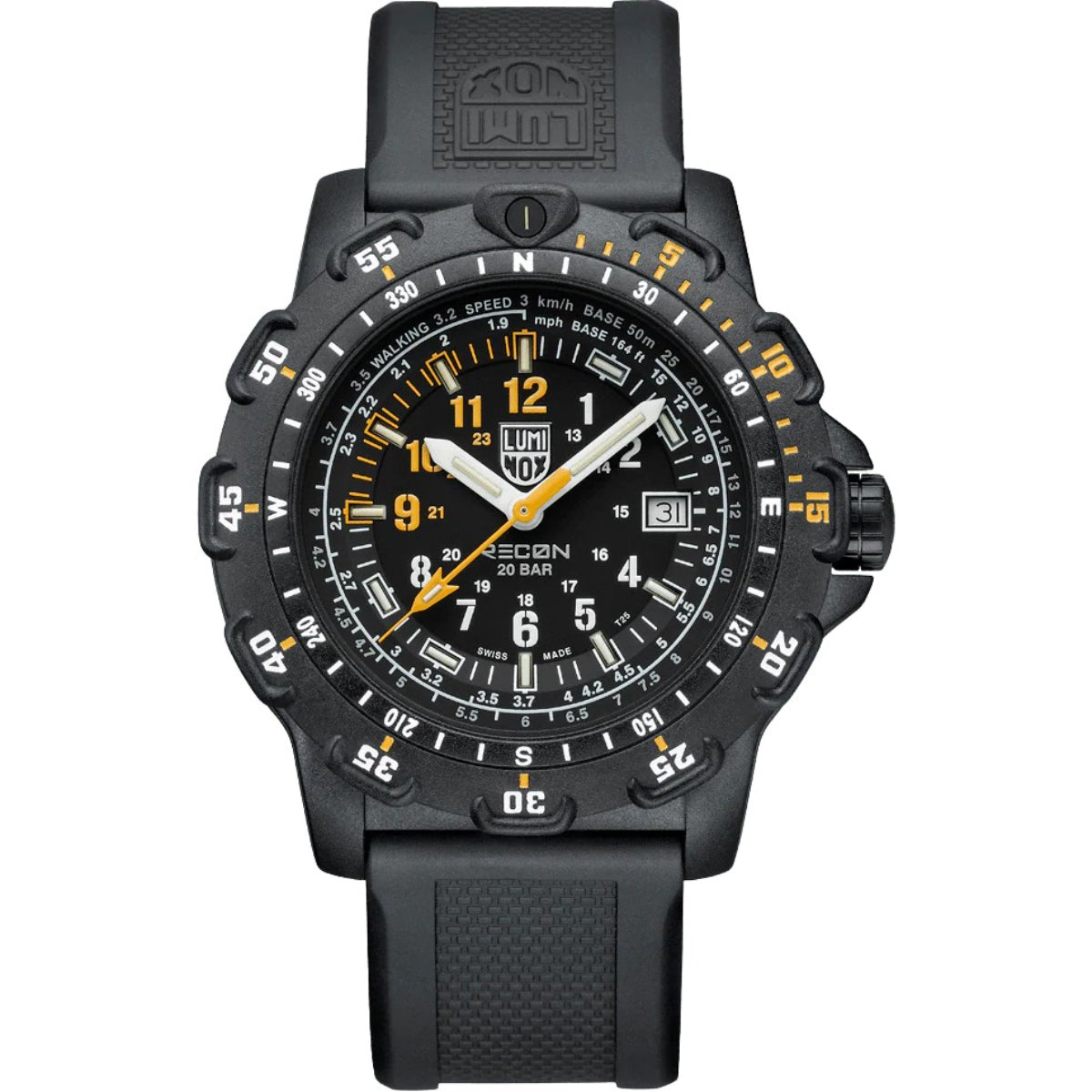 Men's black rubber quartz wristwatch with black dial, large lume markers, orange accents