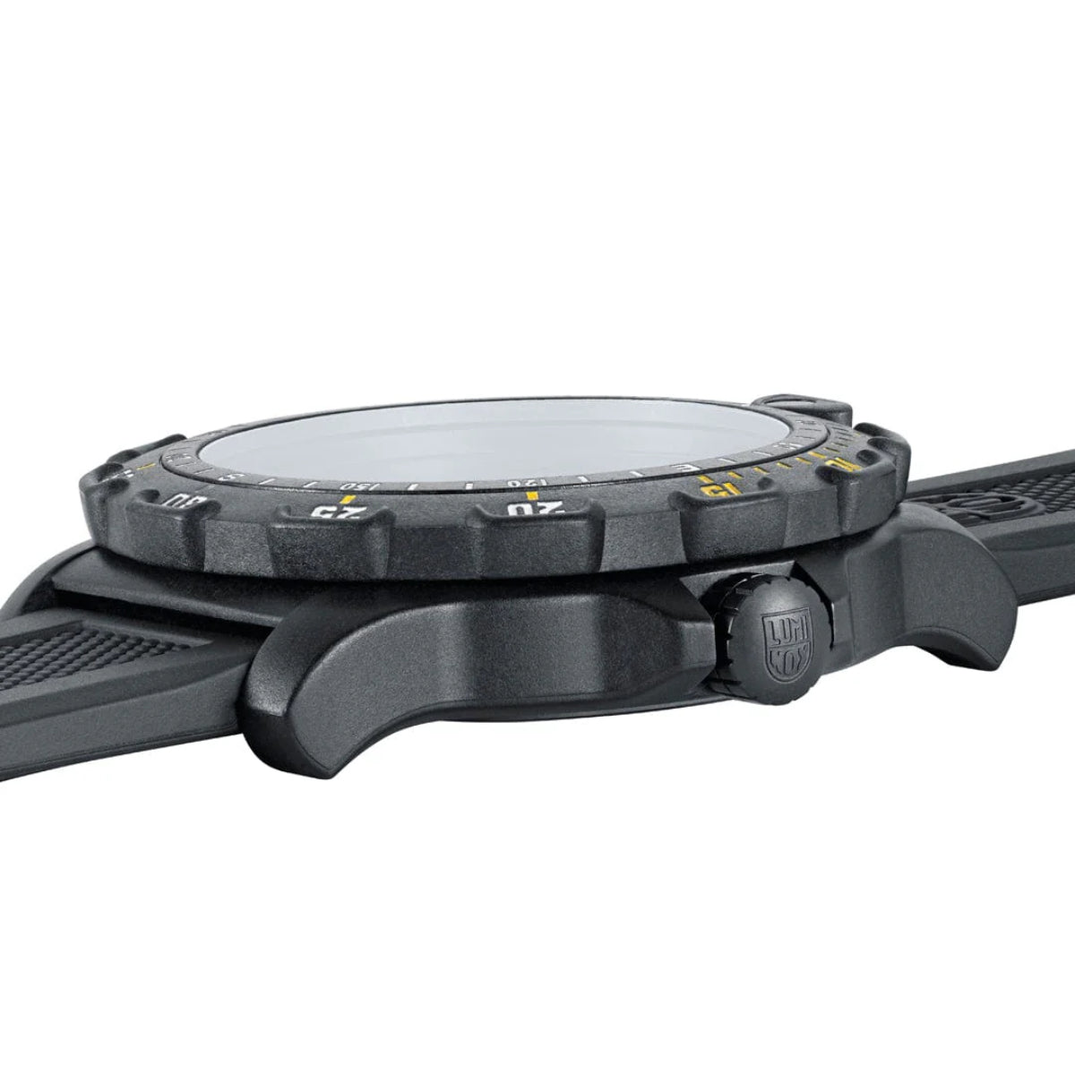Luminox Recon 45mm quartz watch with black rubber strap and dark bezel, side view