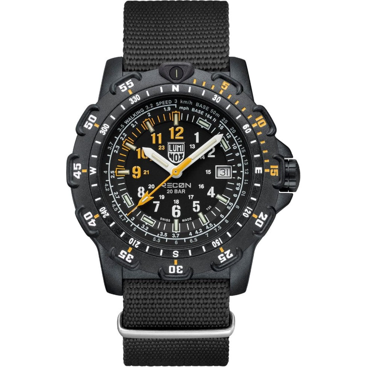 Luminox Recon 45mm quartz watch with black dial, orange accents, and black woven strap
