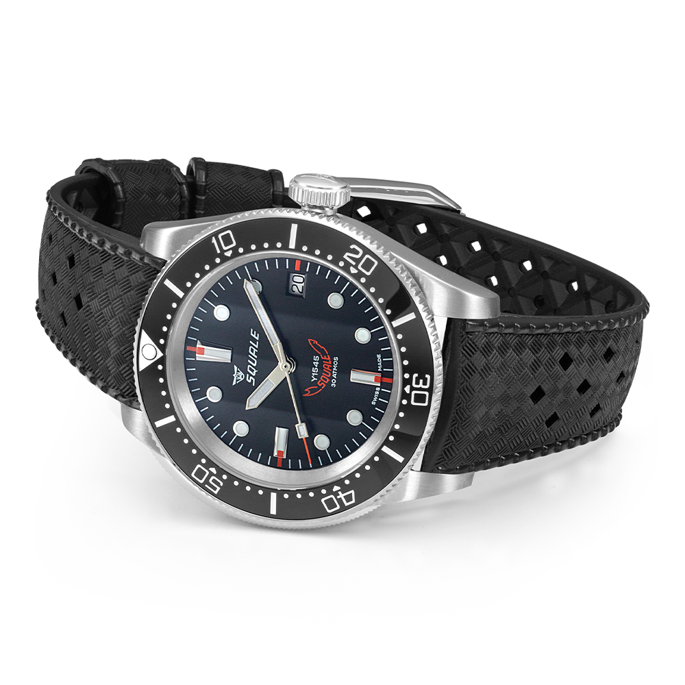 Men's automatic watch with black dial, silver case, and black textured rubber strap