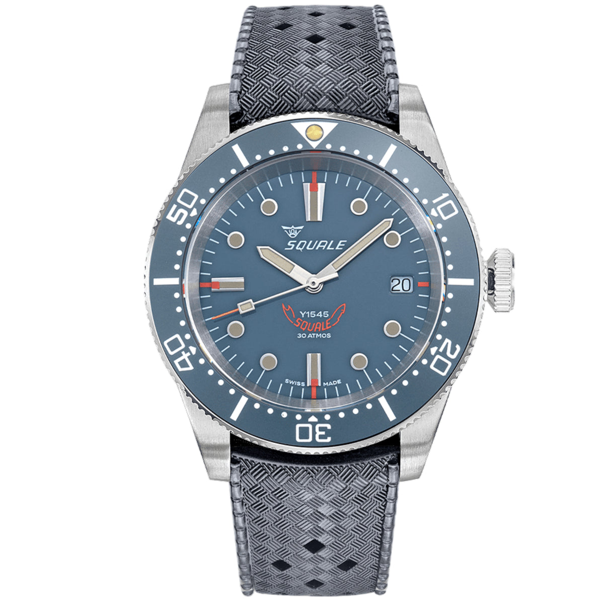Men’s automatic wristwatch with blue dial, steel case, and gray patterned rubber strap.