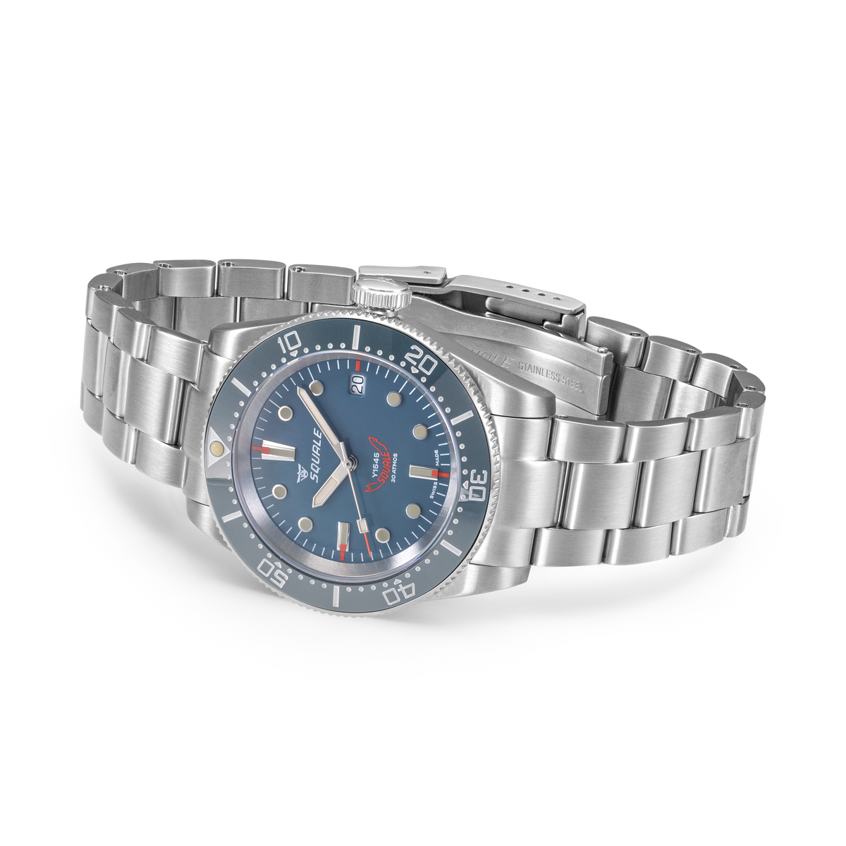 Men's steel wristwatch with blue dial on linked metal bracelet, side profile view
