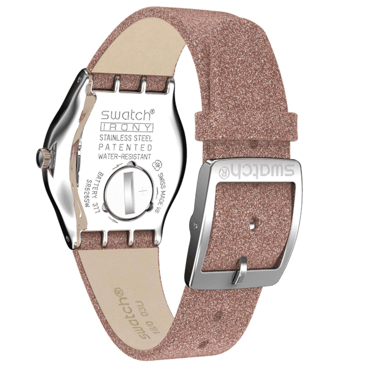 Ladies quartz watch with glitter synthetic strap, visible case back, and Swatch branding