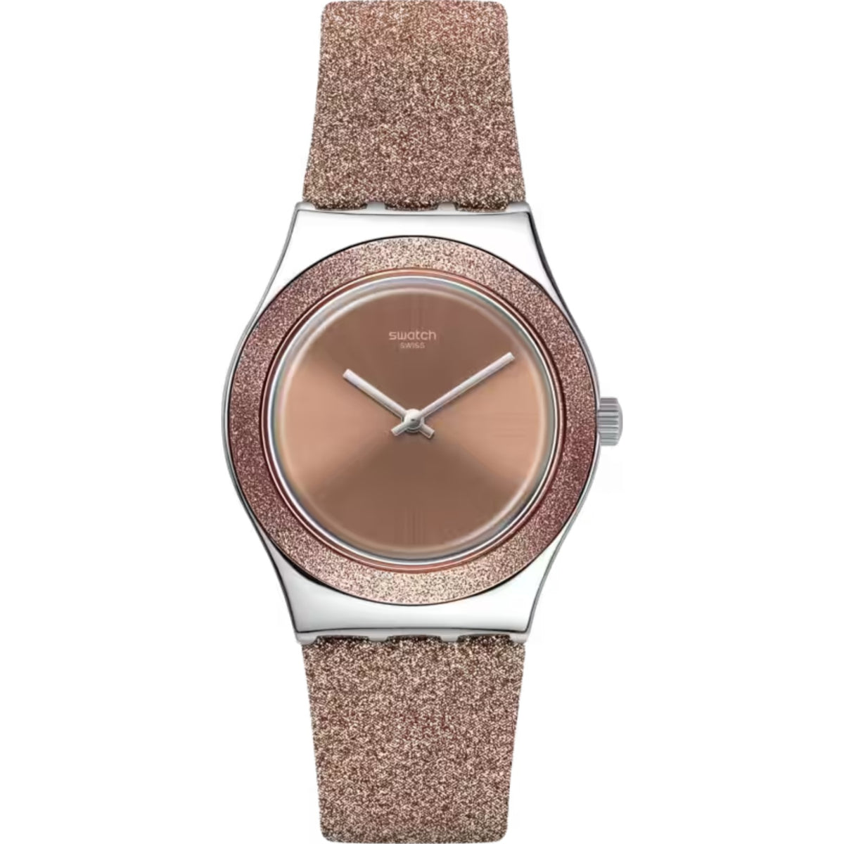 Ladies rose-pink dial quartz watch with glittery synthetic strap and silver-tone case