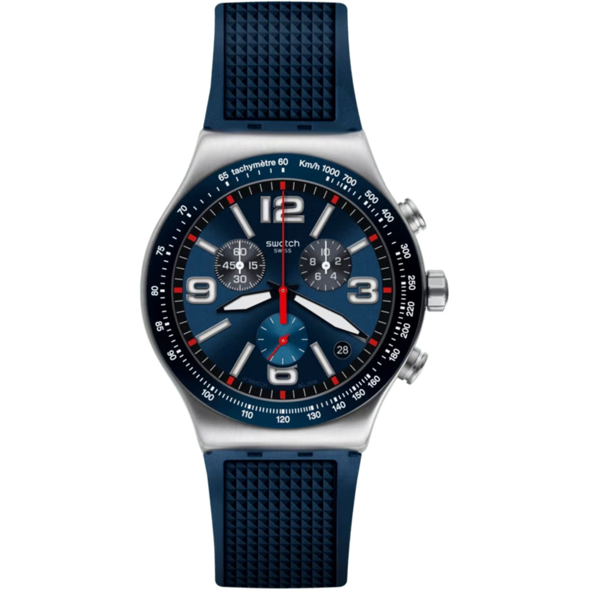 Men's blue tachymeter chronograph watch with blue silicone strap, chronograph subdials
