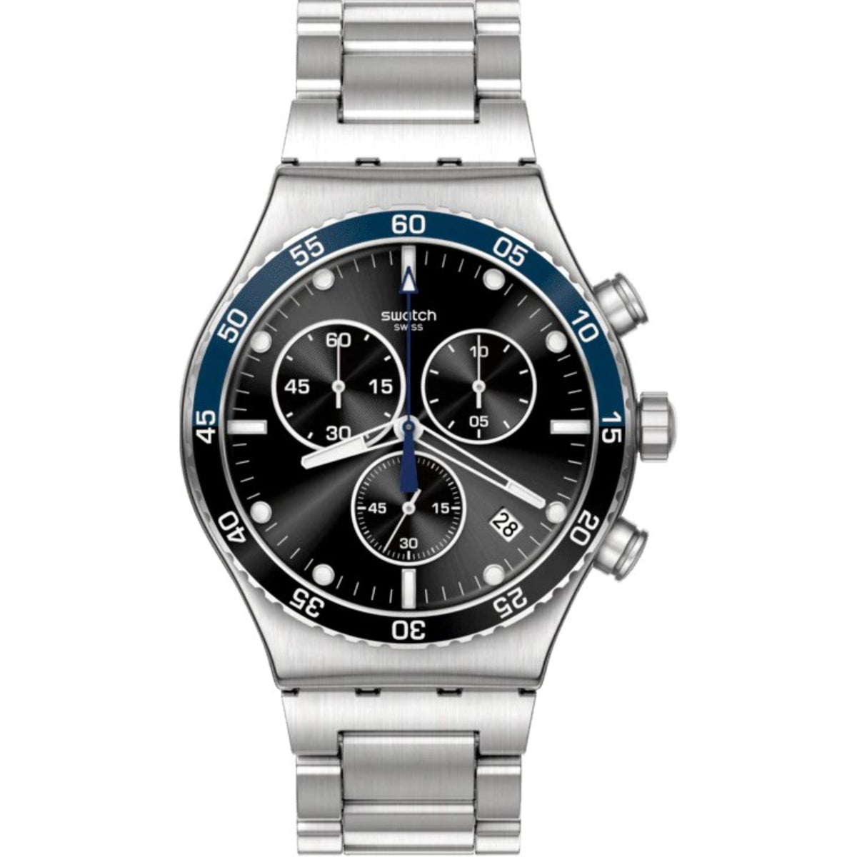 Unisex quartz bracelet watch with silver metal strap, black dial, blue bezel, three subdials