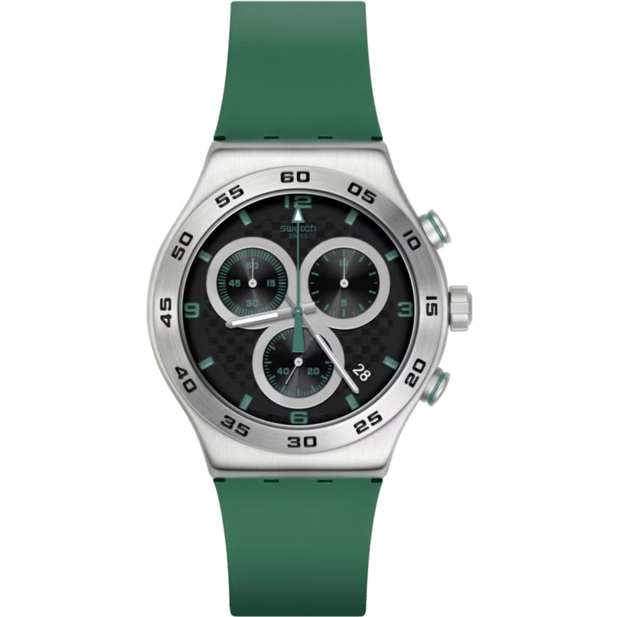 Green silicone strap chronograph watch with silver case, black dial, and three subdials.