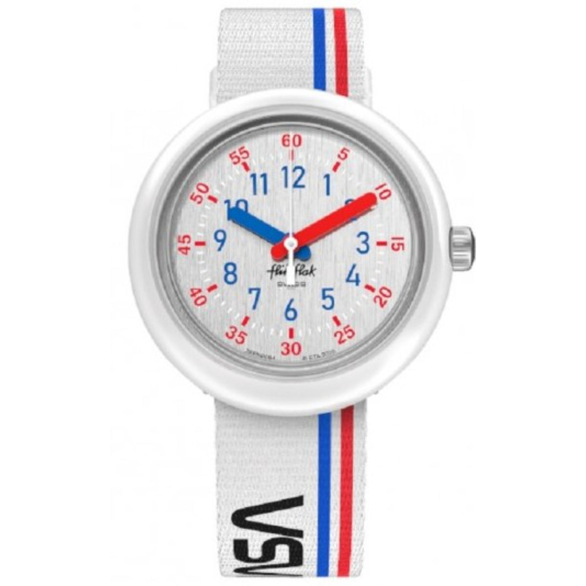 Kids quartz watch with silver round case, white strap, and colorful space-themed dial.